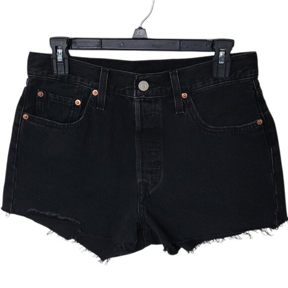 Levis 501 High Rise Womens Black Cutoff Raw Hem Jean Shorts Button Fly Size 28 - Picture 9 of 12